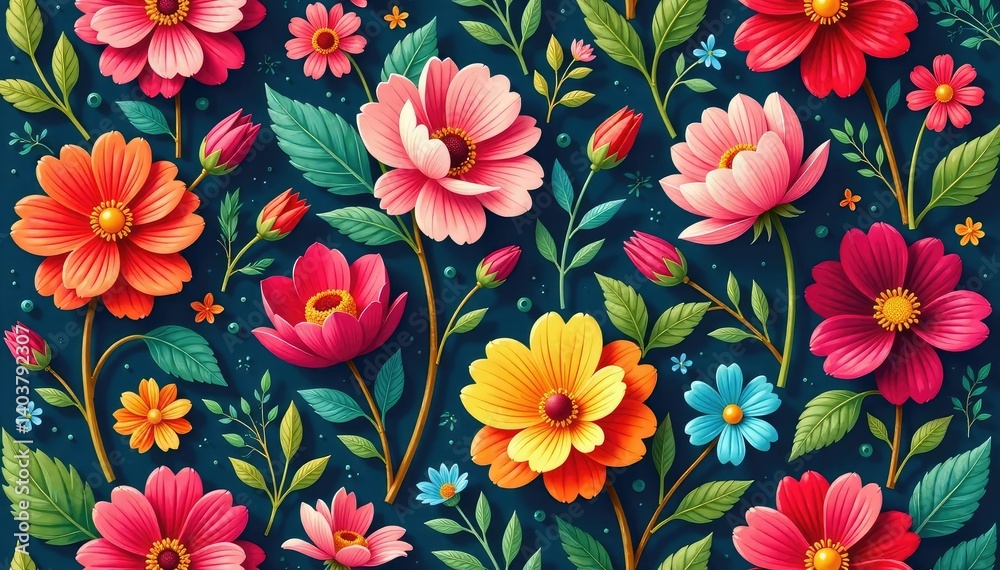 Intricate floral pattern, vibrant blooms & leaves seamlessly repeating , fabric, flowers, design Intricate floral pattern, vibrant blooms & leaves seamlessly repeating , fabric, flowers, design