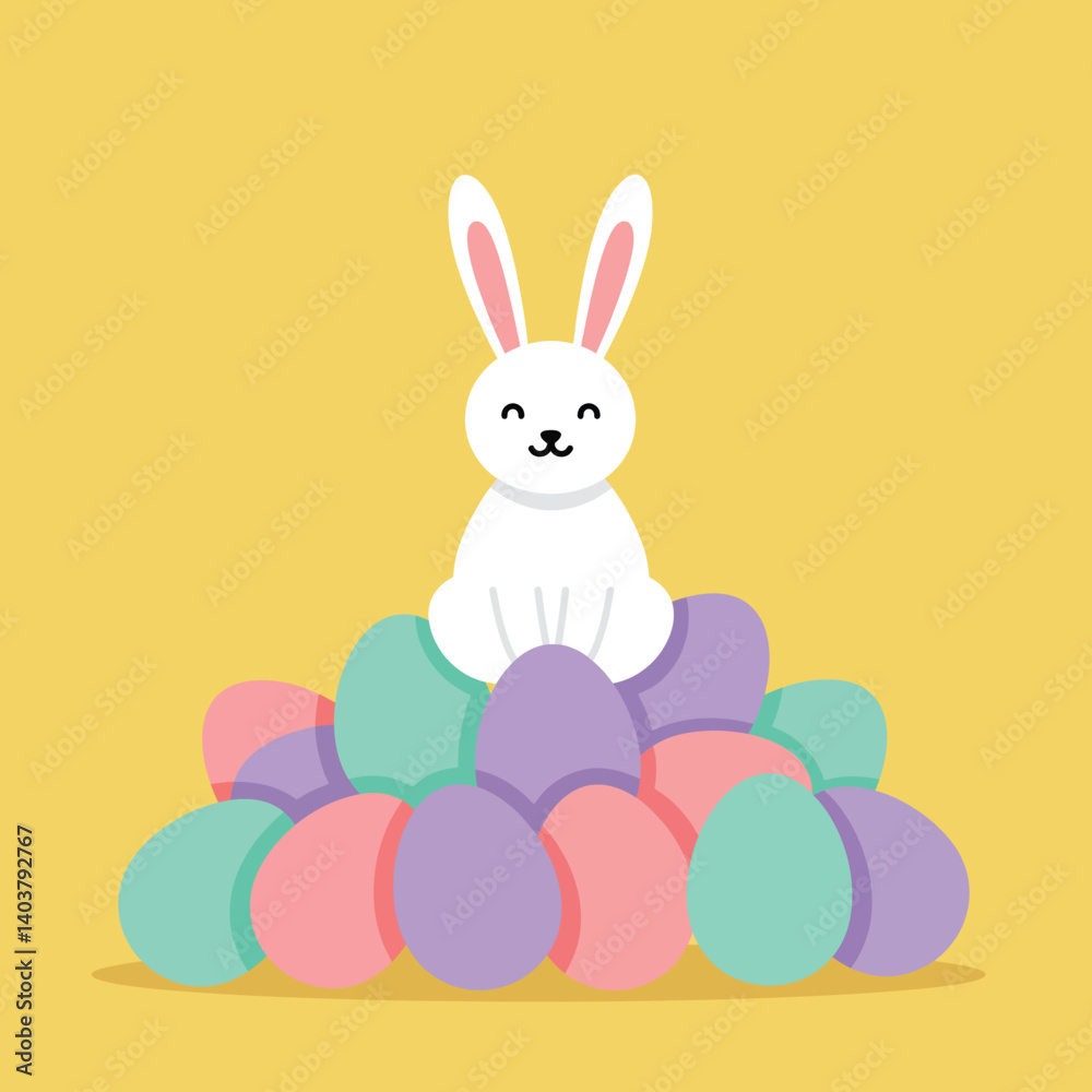 Fototapeta premium Cute bunny sitting atop colorful eggs in flat vector art