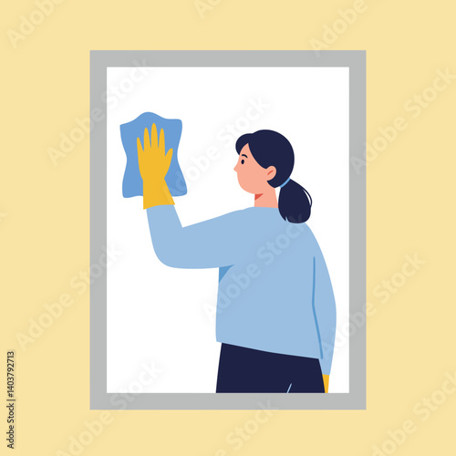 Woman cleaning window with cloth in flat design vector art