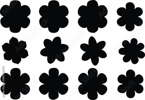 Twelve Black Flower Silhouettes on a White Backdrop Arrayed in a Rectangular Grid