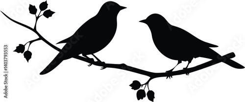 Two Birds Silhouette On Branch With Leaves, Elegant Design Isolated On White Background