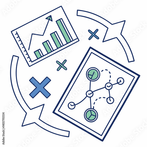 Data analysis elements including charts and graphs, representing statistical visualization and insights