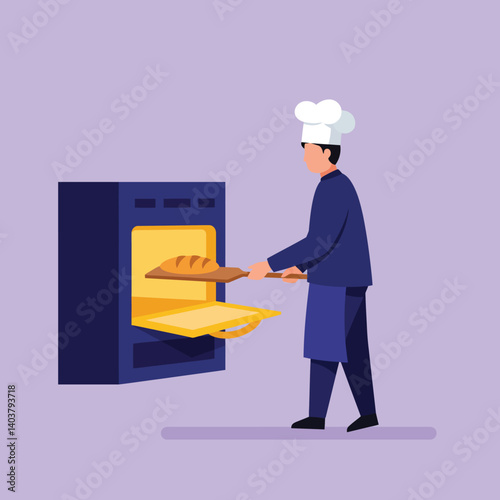 Chef placing fresh bread into a modern oven flat vector art