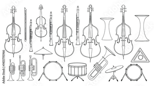 A continuous line drawing of various orchestra musical instruments on a white background, vector illustration 