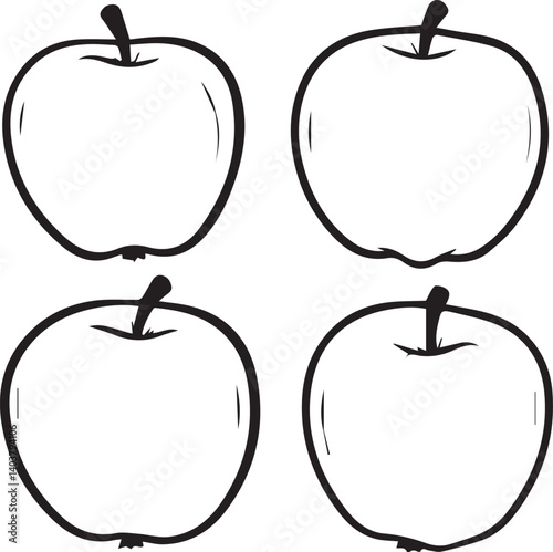 Apples Quartet: A simple illustration of four apples, each rendered with clean black lines on a monochrome canvas, offering a classic aesthetic.