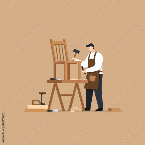Carpenter working on wooden chair design in flat vector art style