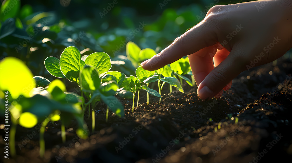Fototapeta premium Farmer taking care of seedlings growing in fertile soil