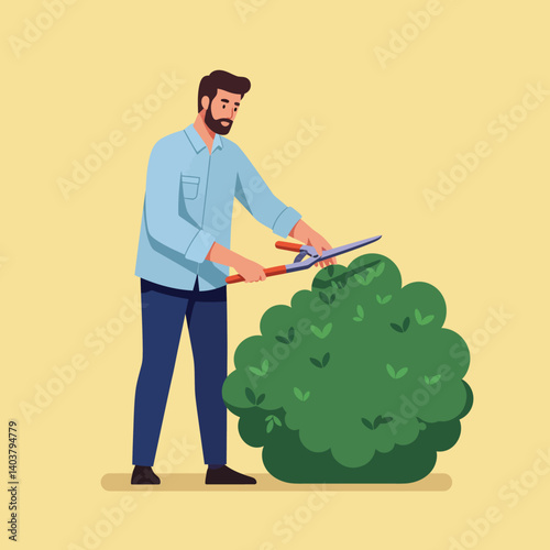 Man trimming a bush in a flat vector art style illustration