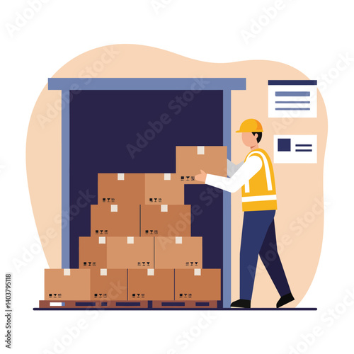 Worker unloading boxes from a delivery truck in flat vector art style