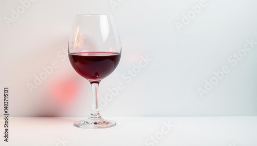 Single glass of deep red wine on bright white backdrop , bottle, macro
