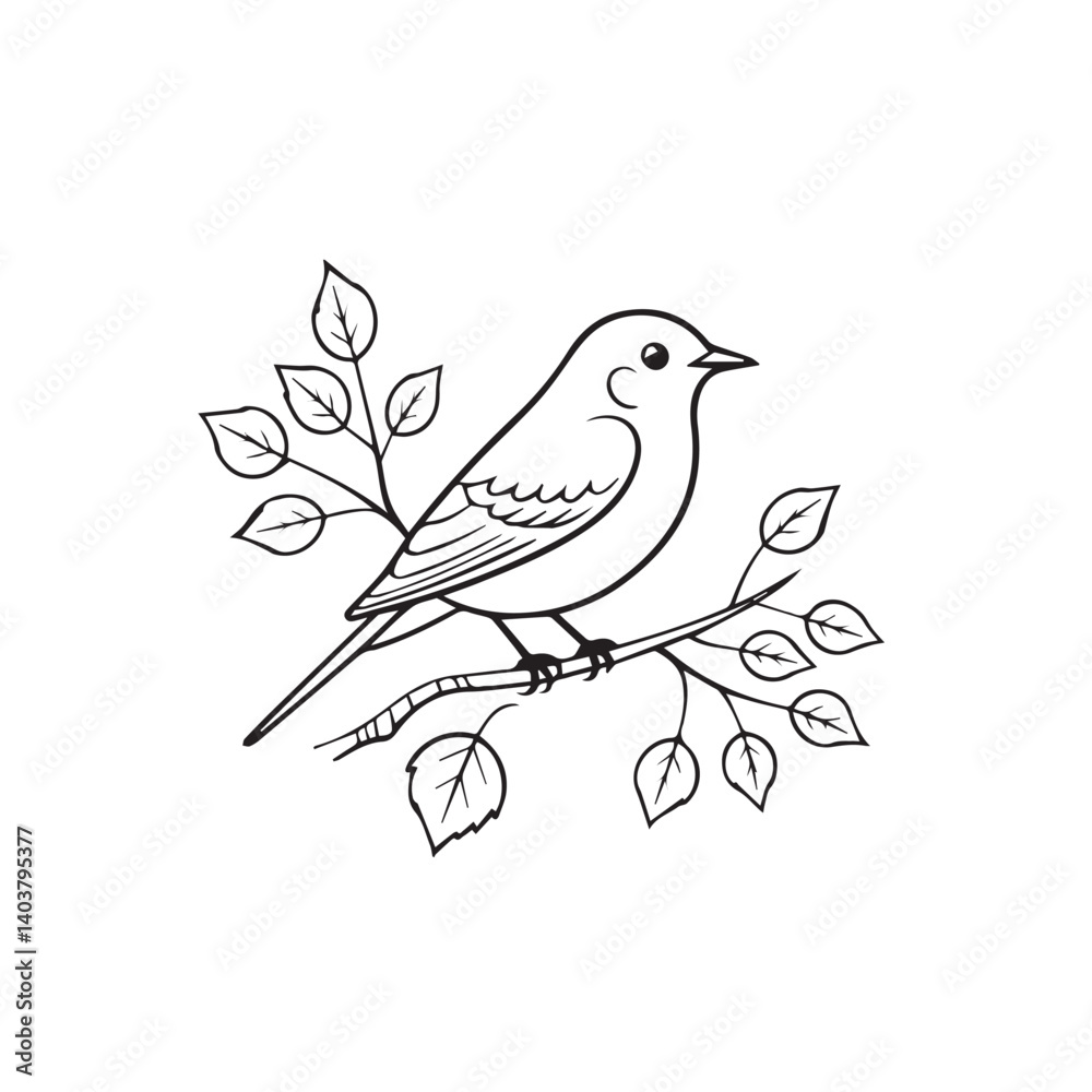 Illustration of a bird perched on a branch surrounded by leaves in a simple line art design