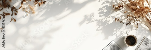 Captivating Coffee Moment With Dried Flowers and Shadow Patterns on a Light Surface Showcasing Tranquility and Simplicity in Design