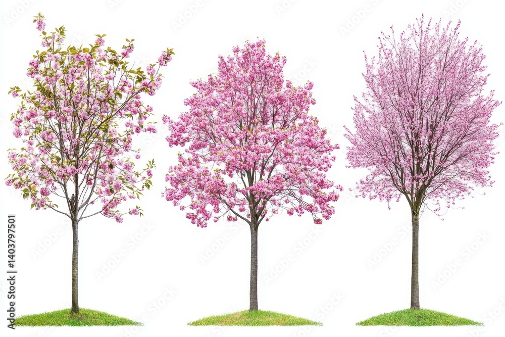 Obraz premium Trio of Cherry Blossom Trees in Full Bloom Against a Bright White Background Showcasing Springtime Beauty and Floral Elegance in a Serene Outdoor Setting