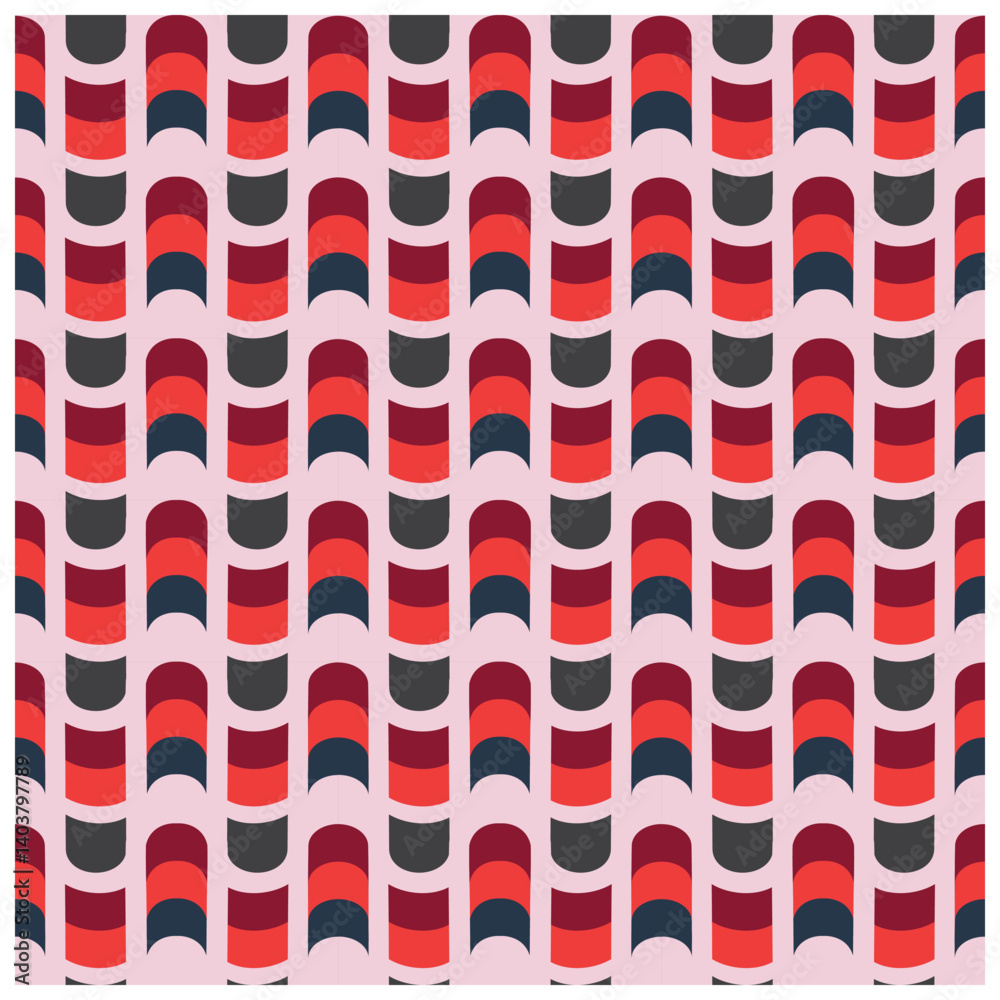 A repeating geometric pattern of curved shapes in shades of red, gray, and navy blue on a light pink background.