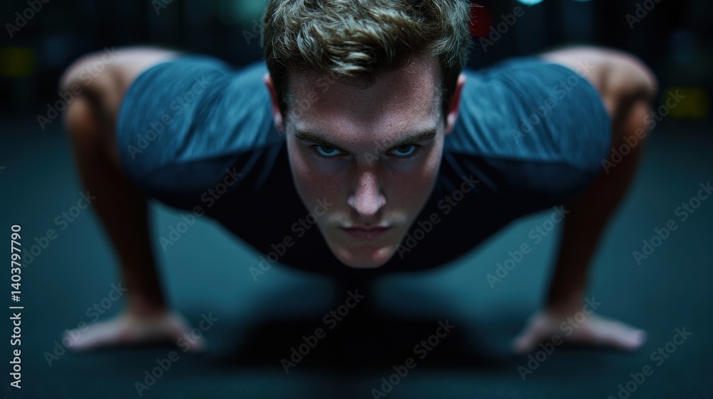 Fototapeta premium A focused young man performs a push-up in a dimly lit gym, showcasing strength and determination.