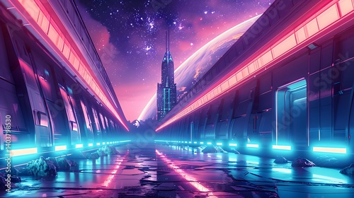 Futuristic Cityscape with Neon Lights and Planet View Digital Art