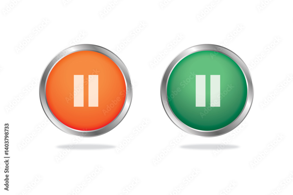Round orange and green circular pause icon button for media control interface or app UI design. Round orange and green circular pause icon button for media control interface or app UI design.