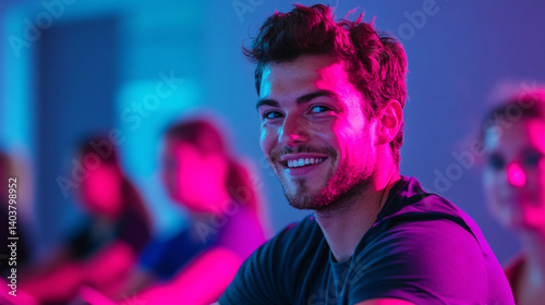 Group of People Participating in a Cycling Class with Colorful Lighting