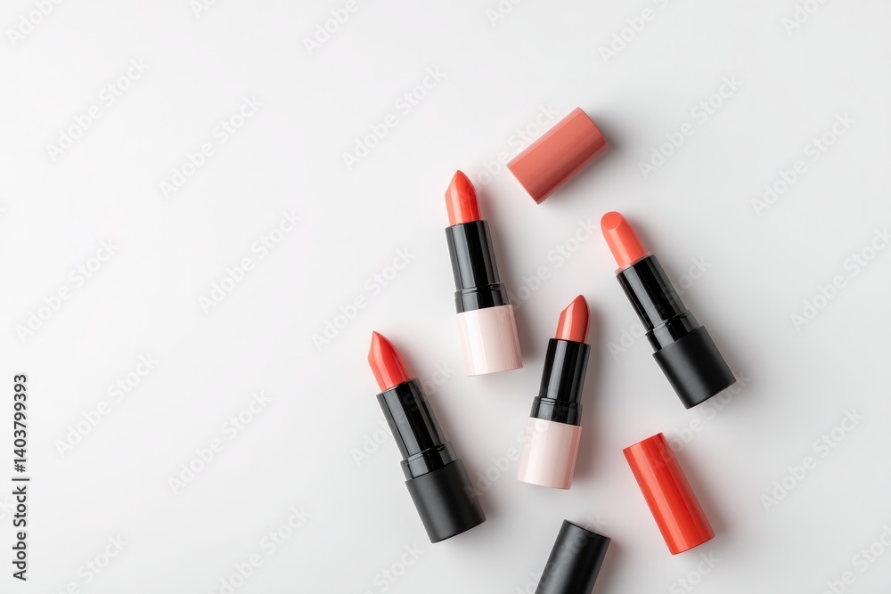 collection of vibrant lipsticks and color palettes displayed on seamless white background