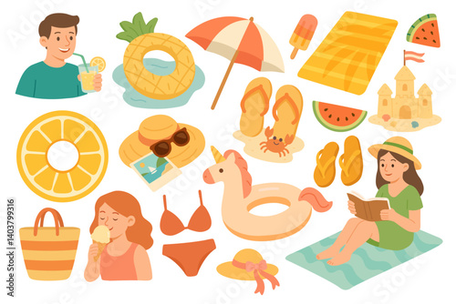 Colorful summer illustration with people, floats, swimsuits, food, beachwear and tropical accessories.
