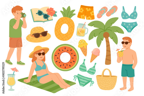Flat cartoon collection with people, beachwear, fruits, drinks, swimsuits and tropical vacation elements.