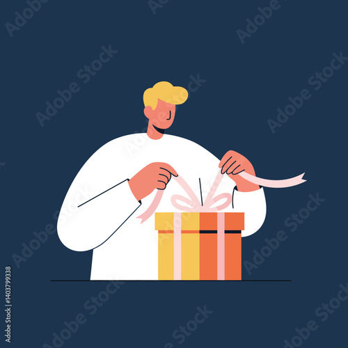 Person unwrapping a gift with colorful ribbons in flat vector art