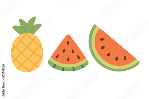 Cute cartoon set of tropical fruits including watermelon slices and pineapple in flat style.
