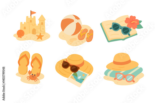 Cute cartoon collection of beach objects including hat, ball, flipflops, towel, book and castle.