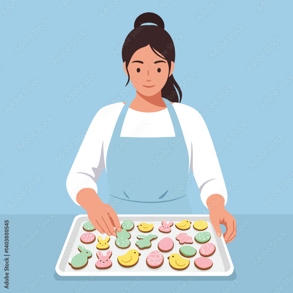 Woman arranging colorful cookies on a tray in flat vector art Woman arranging colorful cookies on a tray in flat vector art
