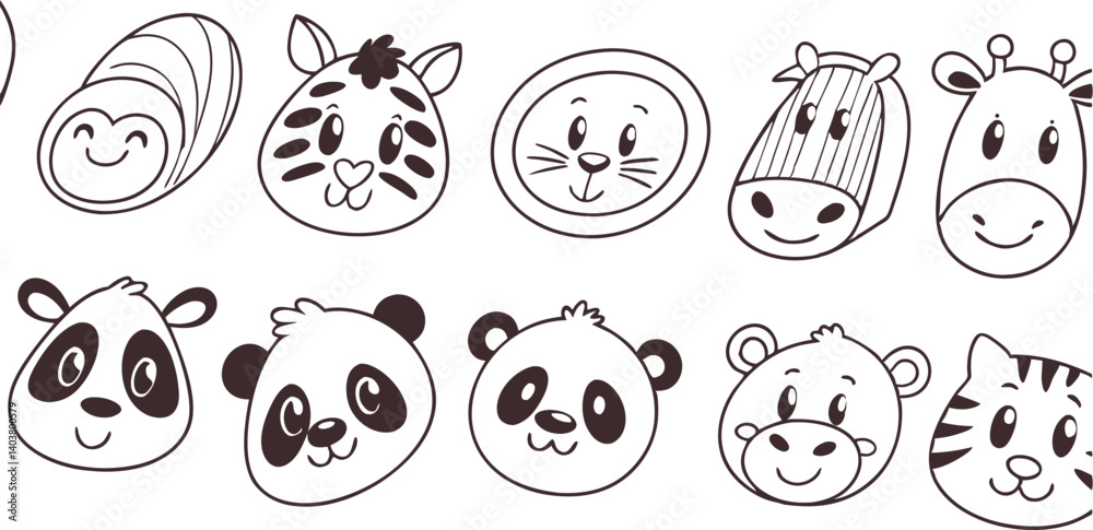 Obraz premium Cute doodle animal face line art. Set with doodle face animals isolated on white background cute nursery collection illustration vector