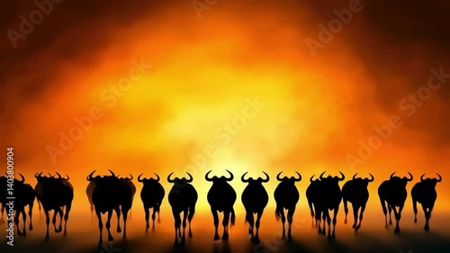 Breathtaking herd of wildebeest migrating across a vast plain, illuminated by a stunning golden sky. Nature's raw beauty!