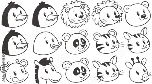 Cute doodle animal face line art.
Set with doodle face animals isolated on white background cute nursery collection illustration vector