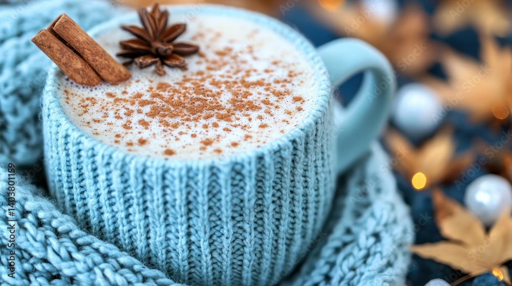 Fototapeta premium Cozy Autumn Latte: A Warm Drink in a Knit Mug