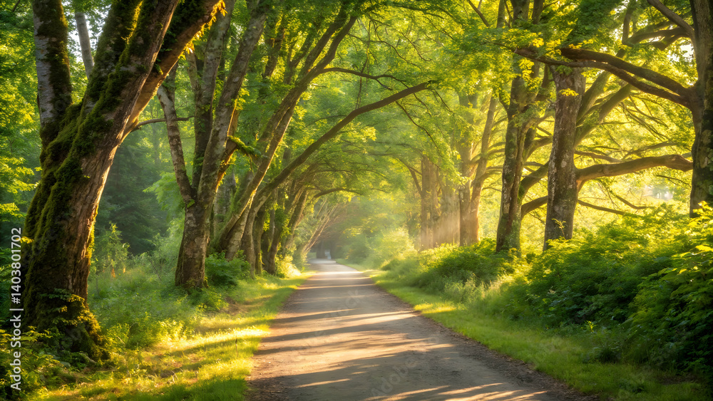 Fototapeta premium Sunlit nature path Pacific northwest tree lined sunny dappled nature path
