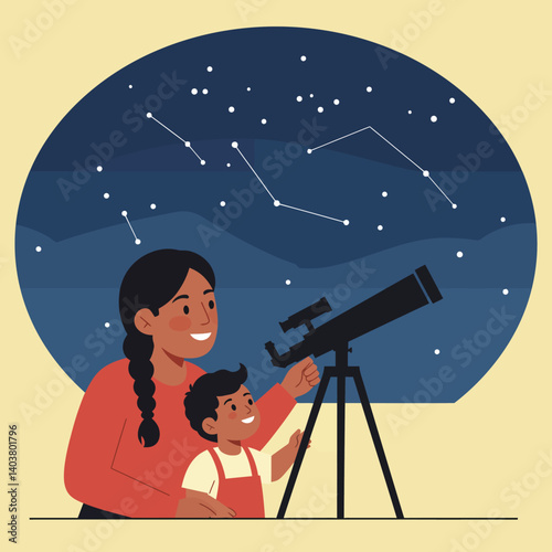 Mother and child observing stars with telescope in flat vector art