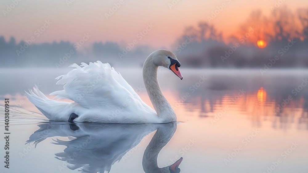Obraz premium A graceful swan gliding across a mirror like lake at dawn