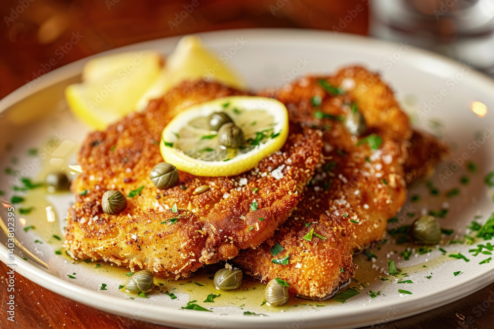 Crispy Golden Deep-Fried Cauliflower Steak with Lemon and Capers on White Plate Crispy Golden Deep-Fried Cauliflower Steak with Lemon and Capers on White Plate