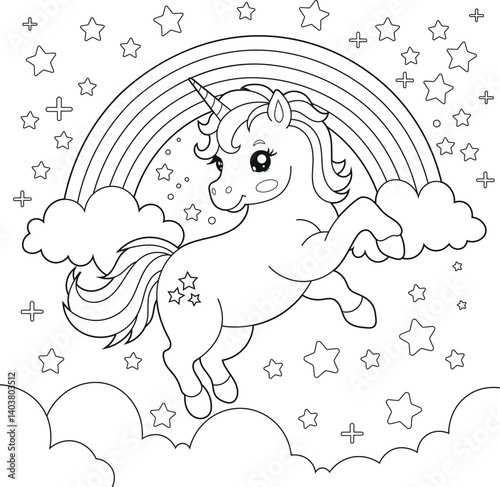 Illustration of a cute baby unicorn cartoon character. Black and white Printable Unicorn coloring page for kids, Bold and Easy Coloring Sheet
