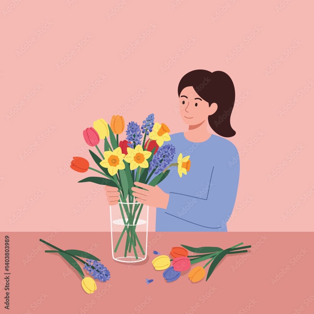 Woman arranging colorful flowers in a vase using flat vector art style vector illustration Woman arranging colorful flowers in a vase using flat vector art style vector illustration