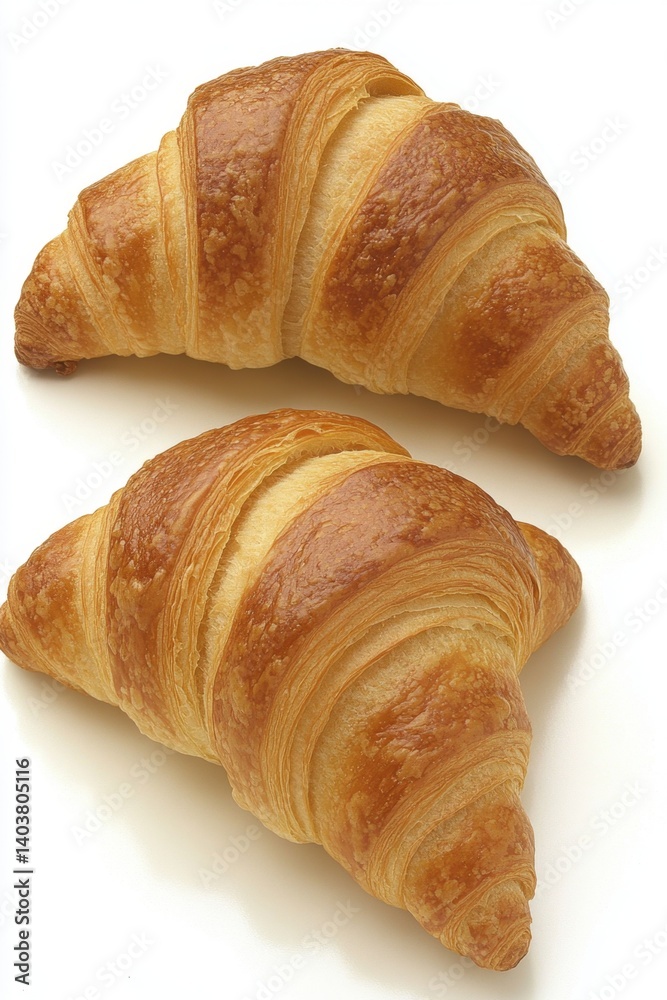 Two golden croissants on a white background showcasing their flaky texture and inviting aroma for breakfast Two golden croissants on a white background showcasing their flaky texture and inviting aroma for breakfast