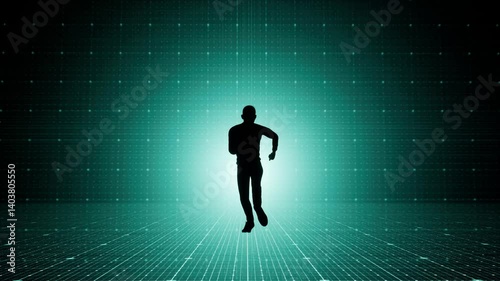 3d animaiton of running silhouette of man person on holographic floor. Modern intro with zooming to black