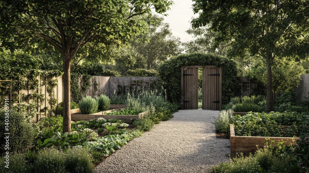 A beautiful garden pathway leading to wooden open doors A beautiful garden pathway leading to wooden open doors