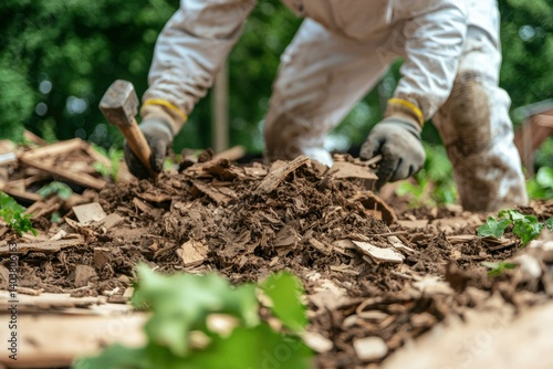 Worker dismantling wood debris