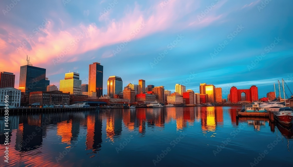 Fototapeta premium Golden hour sunset paints Boston's skyline, mirrored in calm harbor waters, reflection, panorama