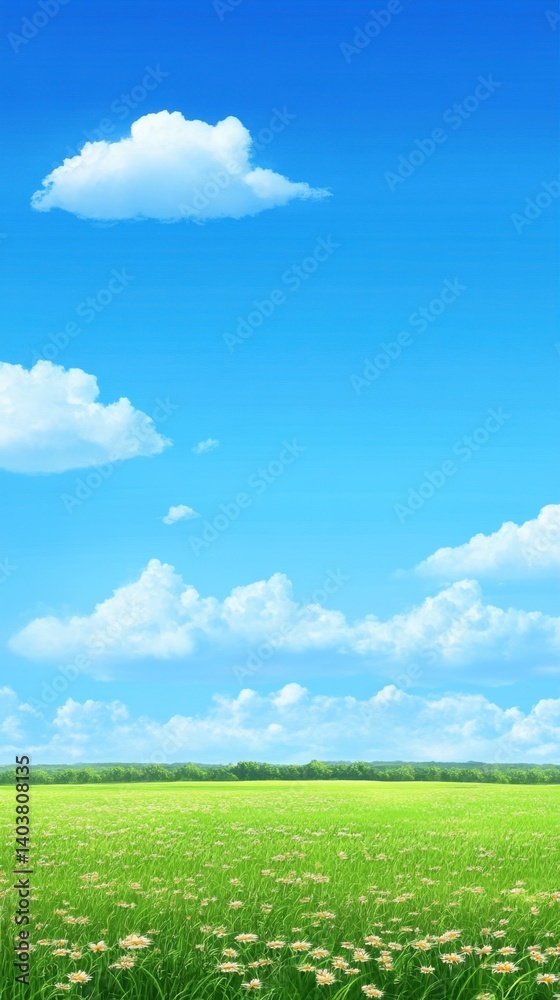 Serene meadow landscape under a vibrant blue sky with fluffy white clouds inviting tranquility and peace of mind in a picturesque scene Serene meadow landscape under a vibrant blue sky with fluffy white clouds inviting tranquility and peace of mind in a picturesque scene