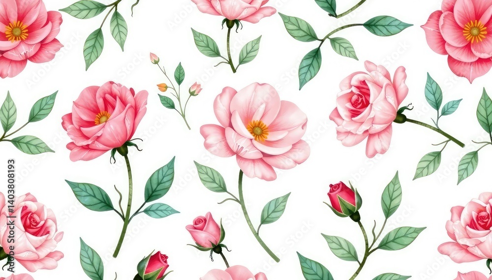 Fototapeta Delicate watercolor rosebuds & leaves, repeating pattern, pretty, rose, floral wallpaper