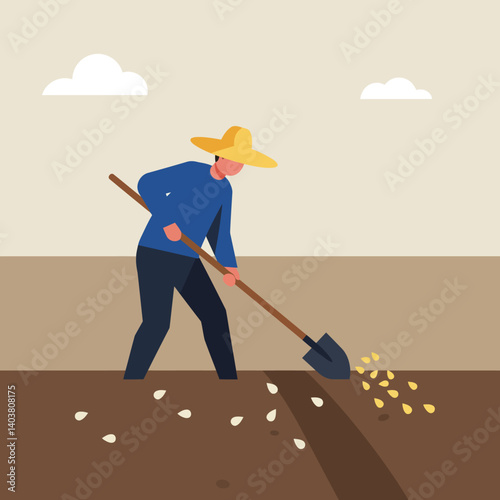 Farmer planting seeds in a field using shovel flat vector illustration