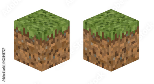 Two pixelated 3D grass blocks in a voxel art style. Ideal for crafting or adventure-themed designs. Inspired by popular sandbox worlds made of cubes.