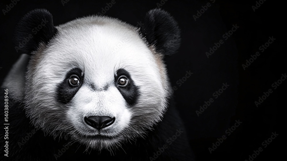 Close-up of a panda bear with expressive eyes against a dark background Close-up of a panda bear with expressive eyes against a dark background