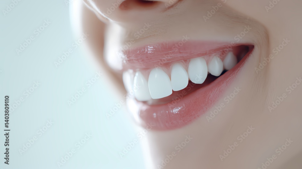 Obraz premium Radiant Smile: A close-up portrait of a woman's radiant smile, showcasing healthy, pearly white teeth and glossy lips. It conveys a sense of confidence, happiness, and well-being.
